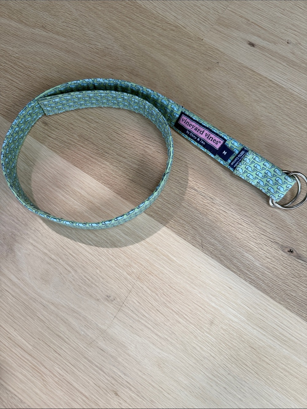 Boys Vineyard Vines Light Green Whale-Print Fabric Belt with Metal Rings